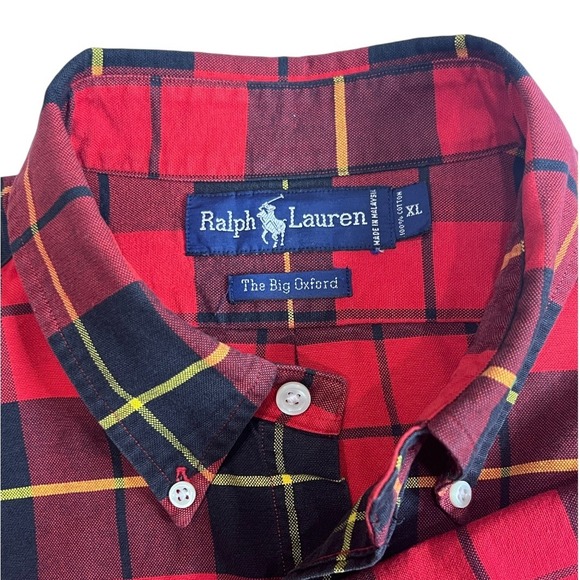 Ralph Lauren Big Oxford Vintage Y2K Era Shirt XL Red Black Plaid Faded Cotton - Picture 4 of 7